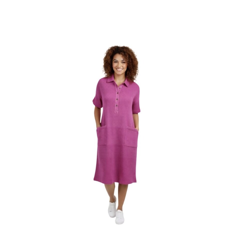 🎀 NWT Pink Ombre Waffle Knit Polo Dress Oversized Pocket L 🎀